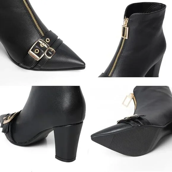 Pointed Toe Kitten Heel Boots-Women Black Booties Rivets Ankle Boot Fashion Shoe - Picture 5 of 5